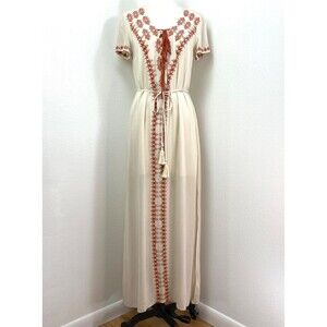Paper Crane Ivory Maxi Rayon Dress Small Rust Orange Embroidery Boho Lounge